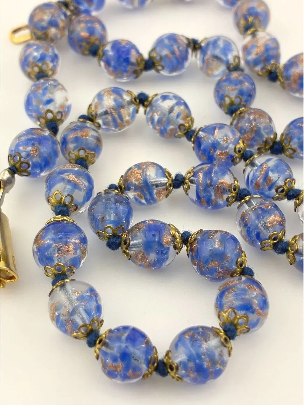 Vintage Blue Venetian Murano Glass Foil Beaded Necklace with Gold Tone Clasp 24